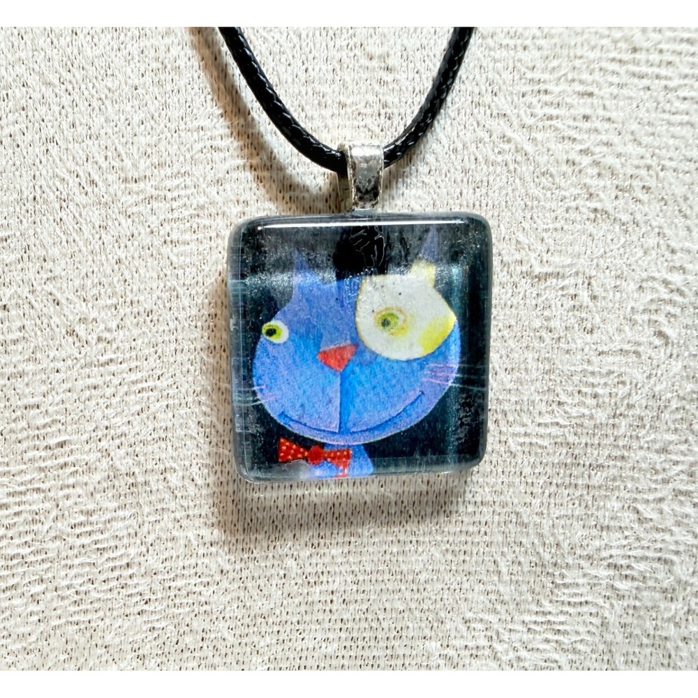 Whimsical Cat Art Pendant Necklace Blue Yellow Square Black Cord 18–20"